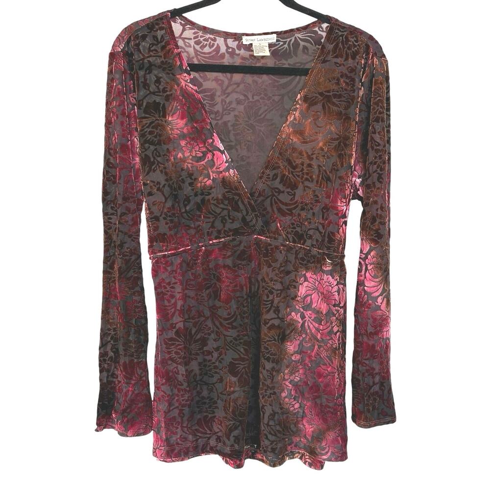 American Vintage Sheer Velvet Burnout Floral Top in Burgundy and Brown